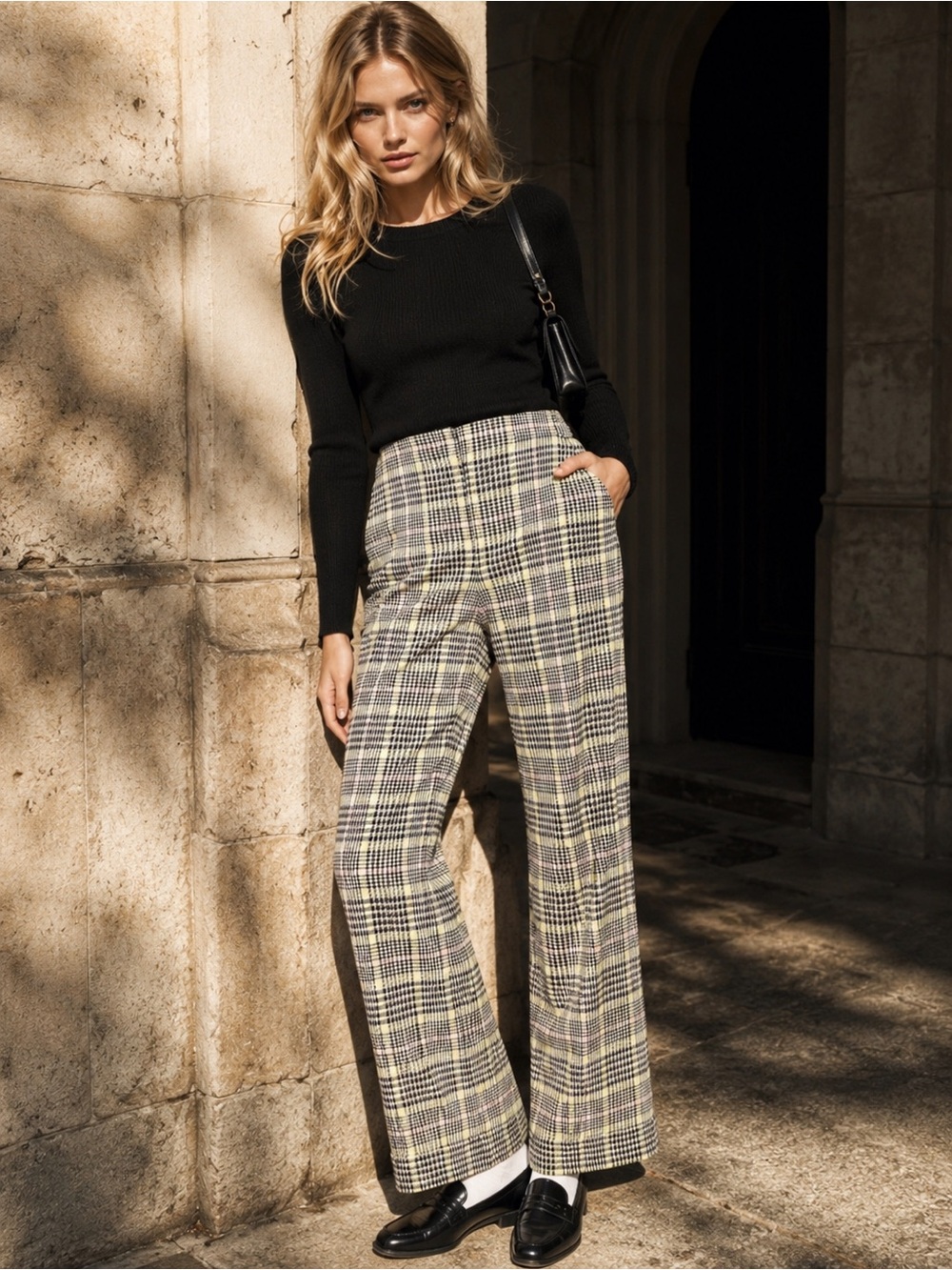 Trina Turk NWOT Houndstooth Plaid High Rise Wide Leg Cohen 2 Trousers, Size 4